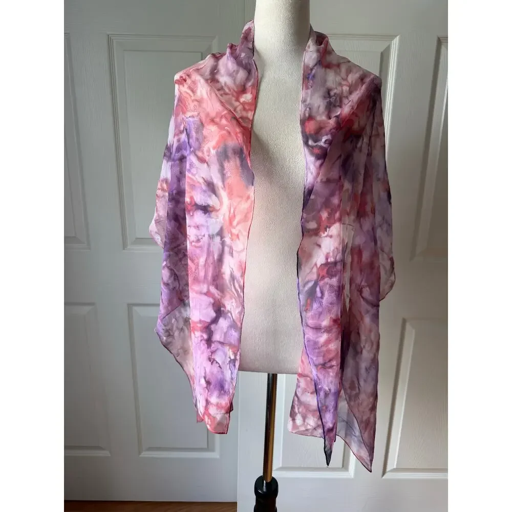 Hand Rolled Silk Chiffon Scarf Purple Pink Watercolor Tie Dye 68x19‎